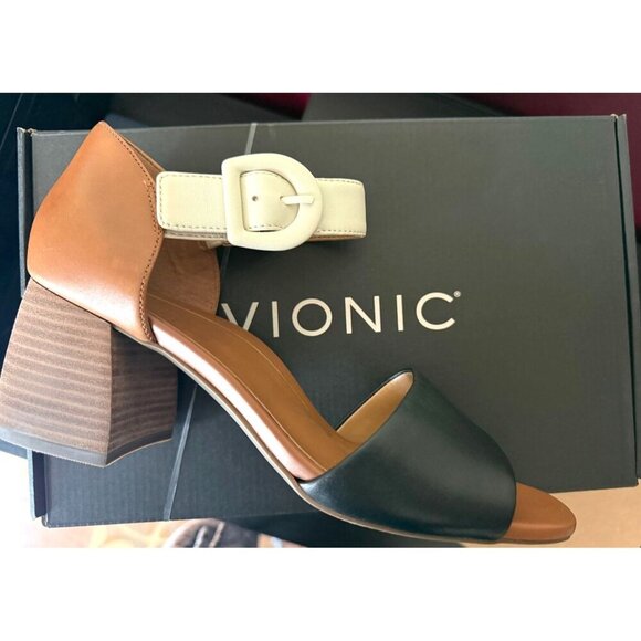 Vionic Womens Black Tan Leather Chardonnay Block Heel Sandals Sz 9 M New - Picture 3 of 11